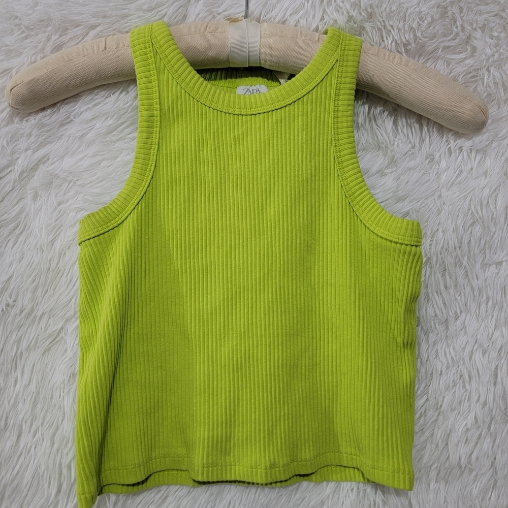 Zara Girls 13-14  Neon Green Ribbed Cropped  Tank Top Great For Layering